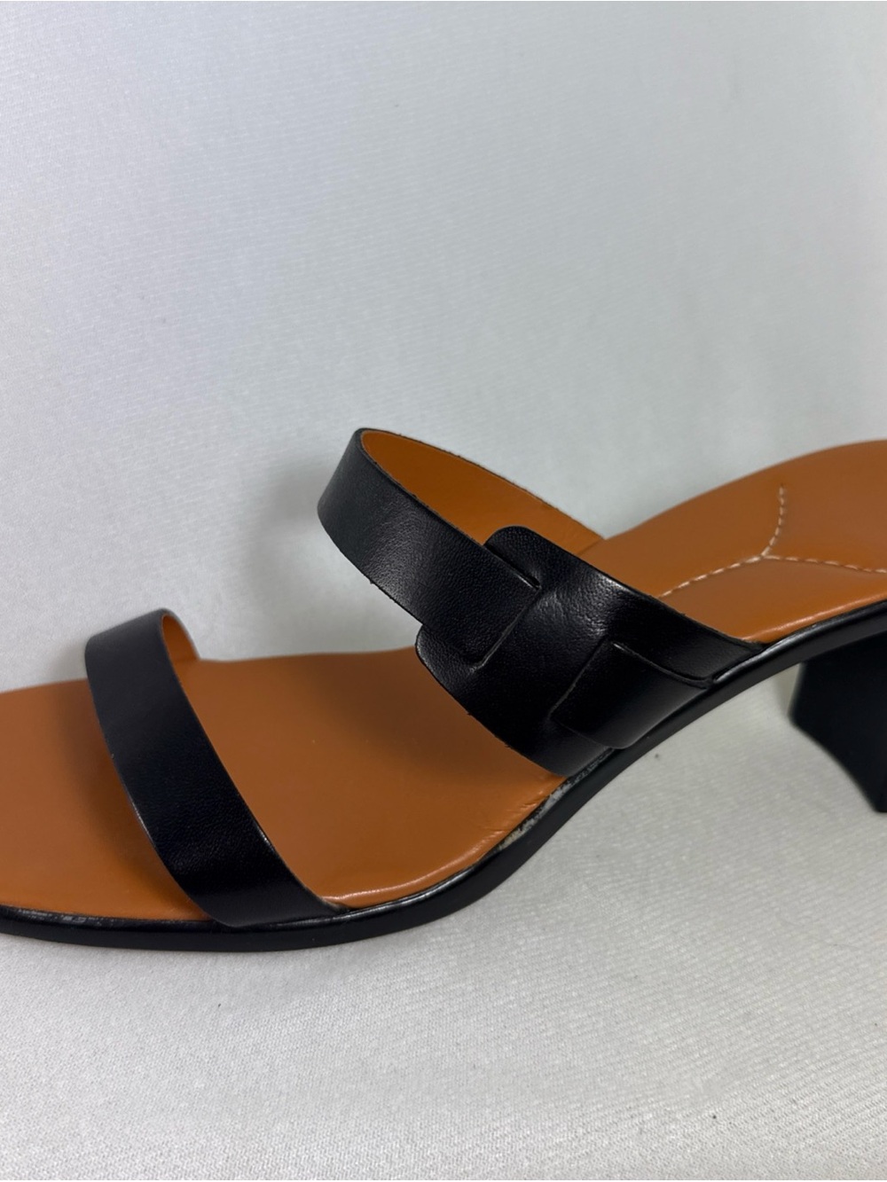 Italian Shoemakers Black Leather Two-Strap Mid Heel Mule with Tan Footbed